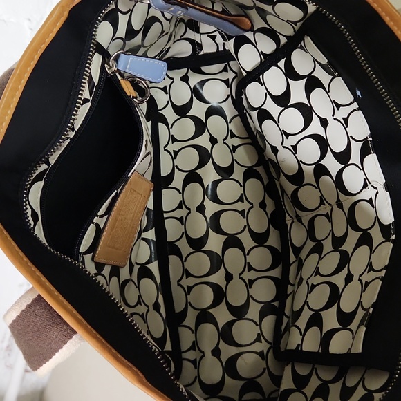 Vintage Coach Hampton Bag Dark Navy Shoulder Tote Bag Navy/ Tan Y2K - Picture 4 of 9